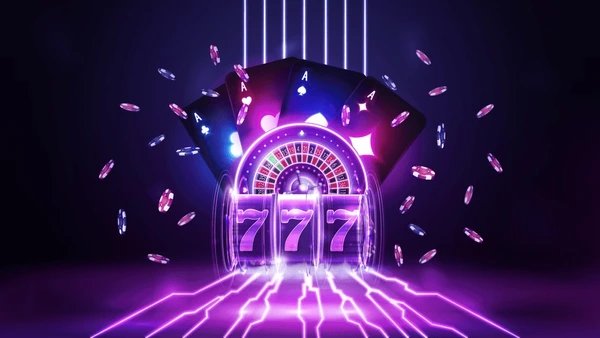 Ilustrasi permainan sportsbook dan kasino online guci777 yang berwarna neon